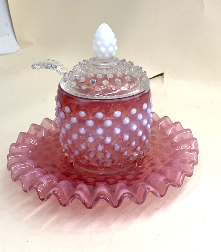 Fenton Cranberry Opalescent Glass Hobnail Jam Set 