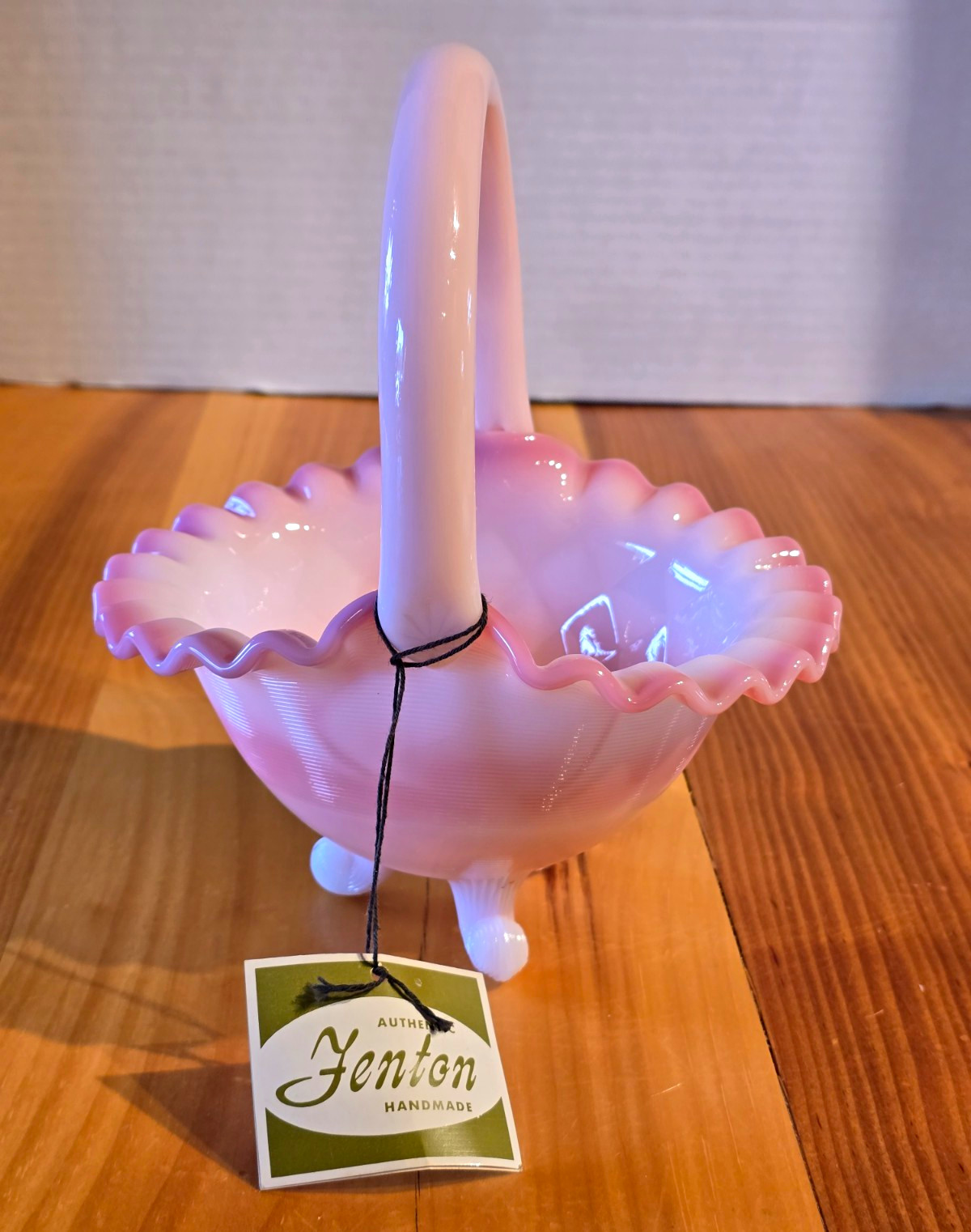 Vintage Fenton Rosalene Pink & White Bridal Basket W/ Ruffle Rim,  3 Feet, Handl