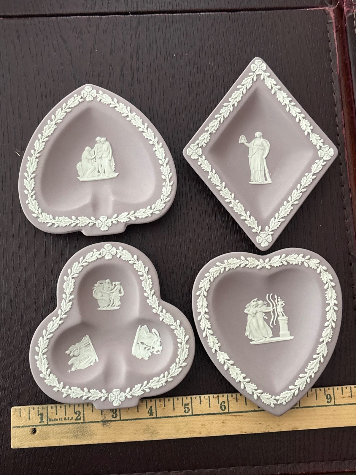 Wedgwood lilac lavender jasperware set 4 playing cards suits ashtray trays