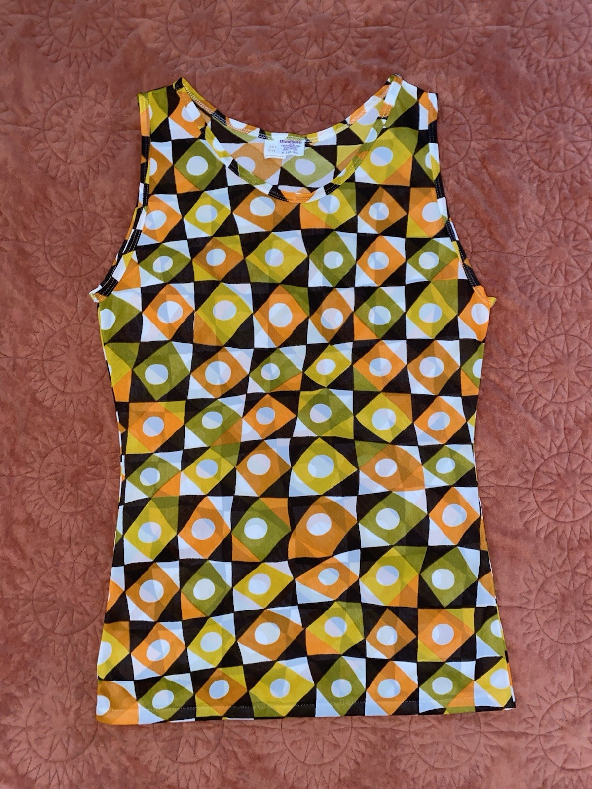 Vintage 60s 70s Mod Geometric Tank Top Sheer Mesh Optical Print Sleeveless Retro