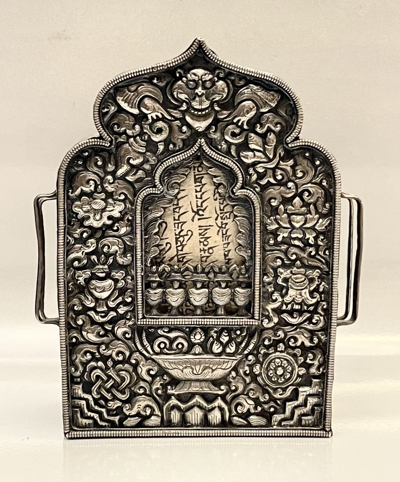 19th Century Silver Tibetan Gau Prayer Box Ghau Shrine w/ Pecha Book Manuscript