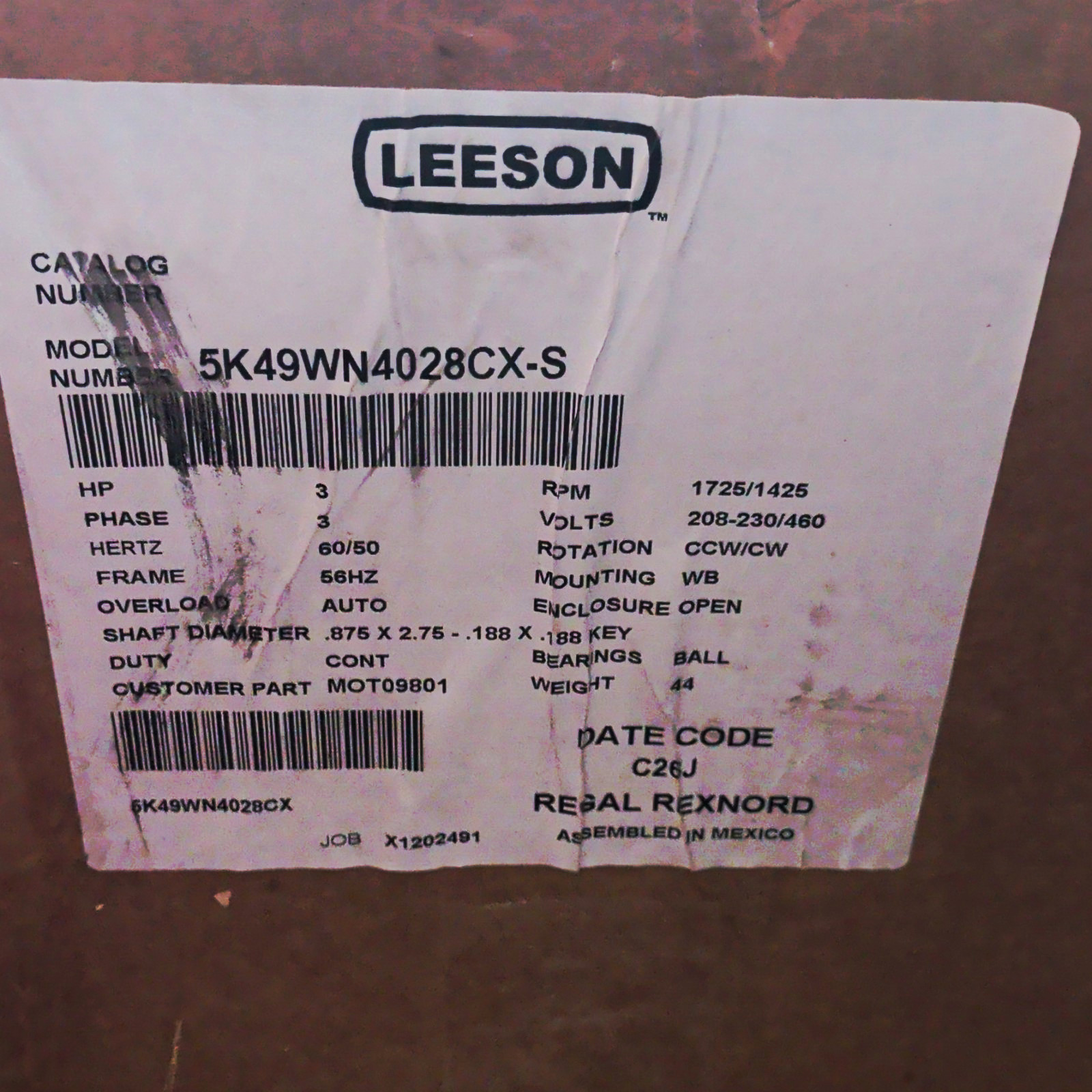 LEESON 3HP 3-Phase AC Induction Motor 208-230/460V 1725/1425RPM Open Base LEESON 3HP 3-Phase AC Induction Motor 208-230/460V 1725/1425RPM Open Base
