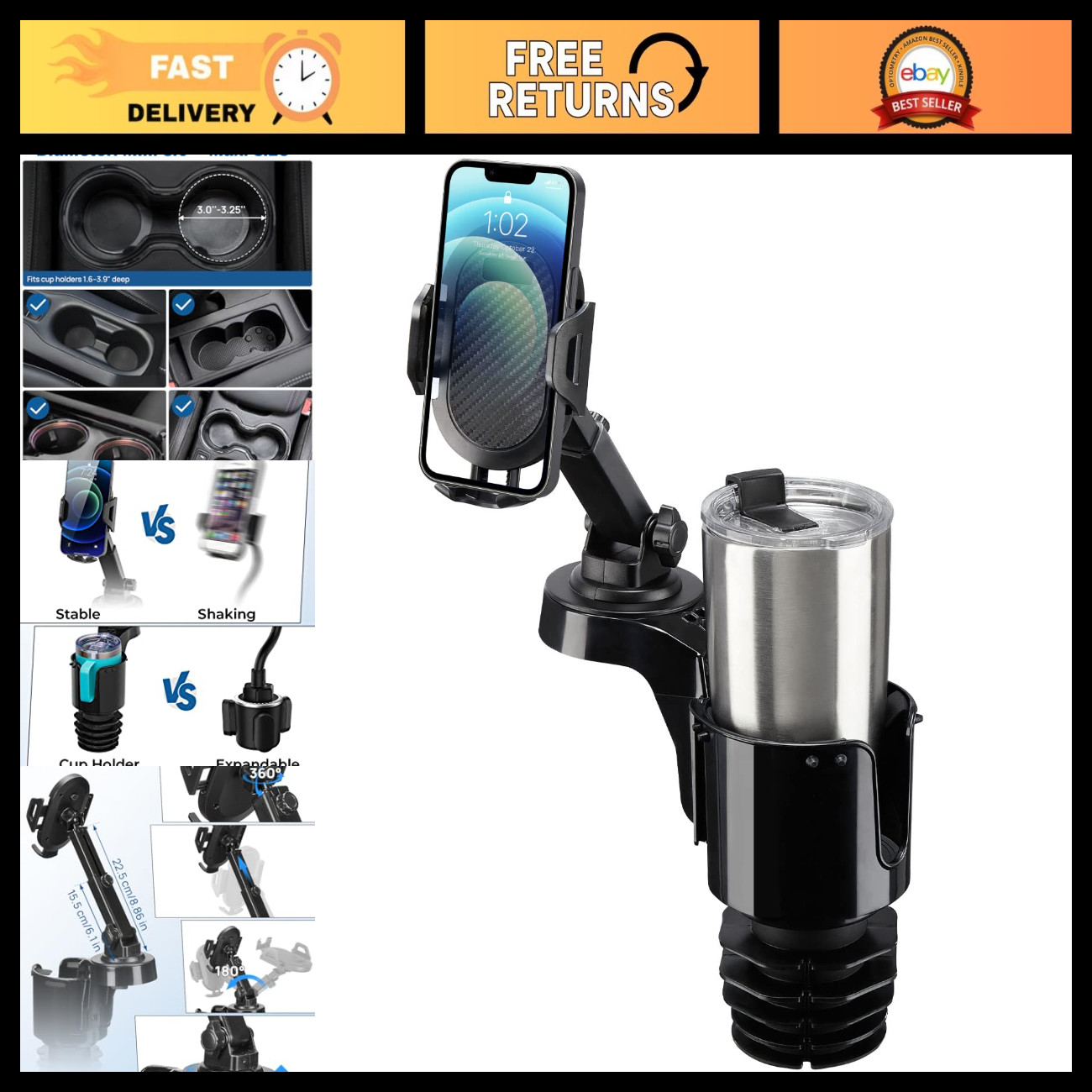 Universal Car Cup Holder Phone Mount, Adjustable Long Arm, 360° Rotation, Fits A