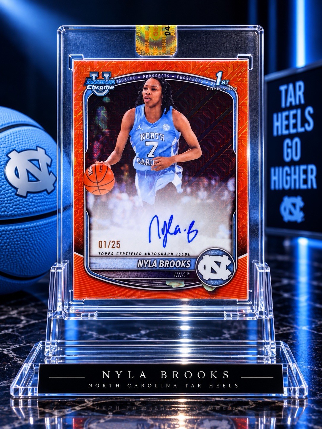 2025-26 Bowman Nyla Brooks Chrome Auto Orange Mojo /25 North Carolina Tar Heels