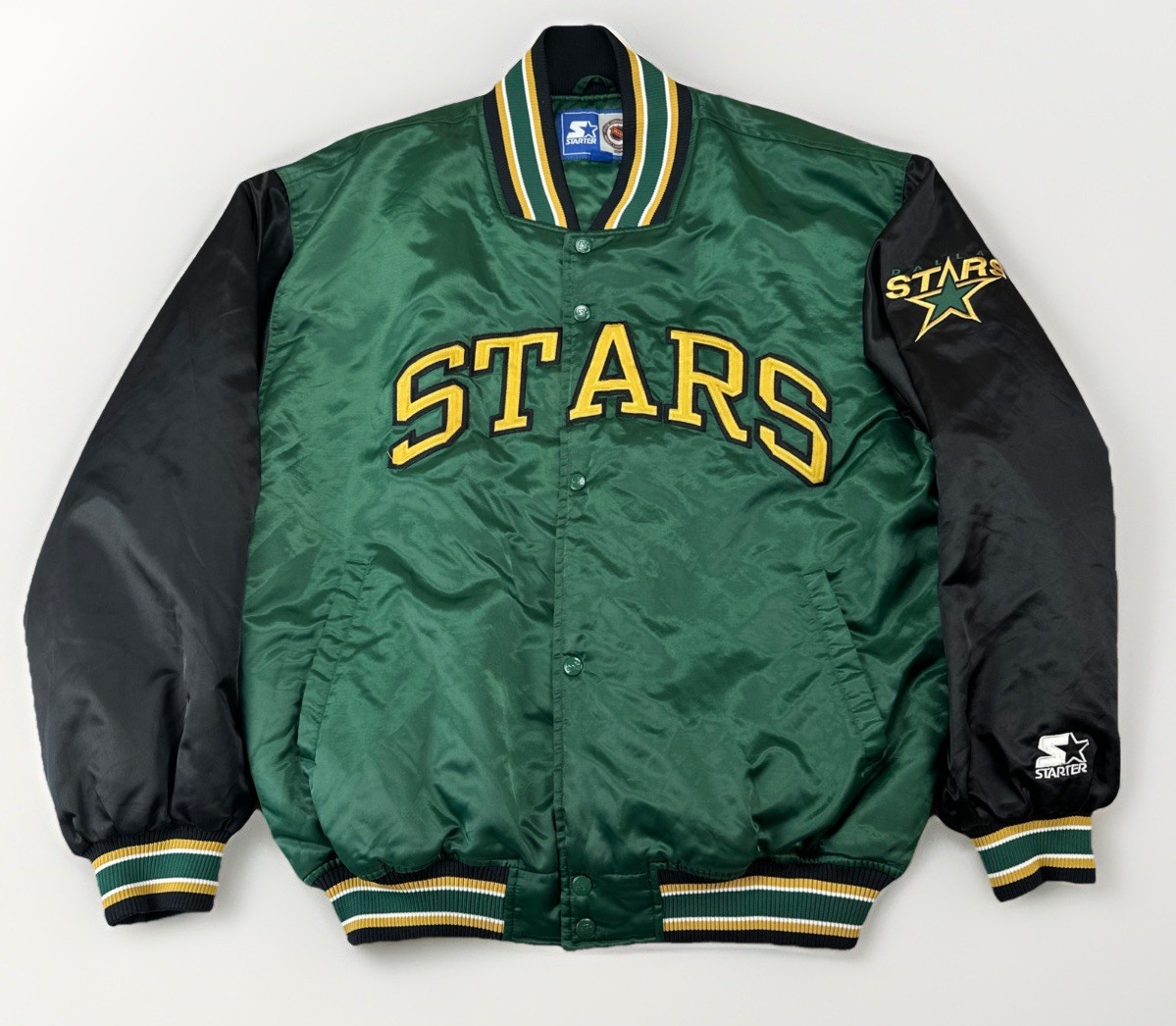 VTG Dallas Stars Starter Jacket NHL Satin Varsity Green Black Snap Front Sz XL