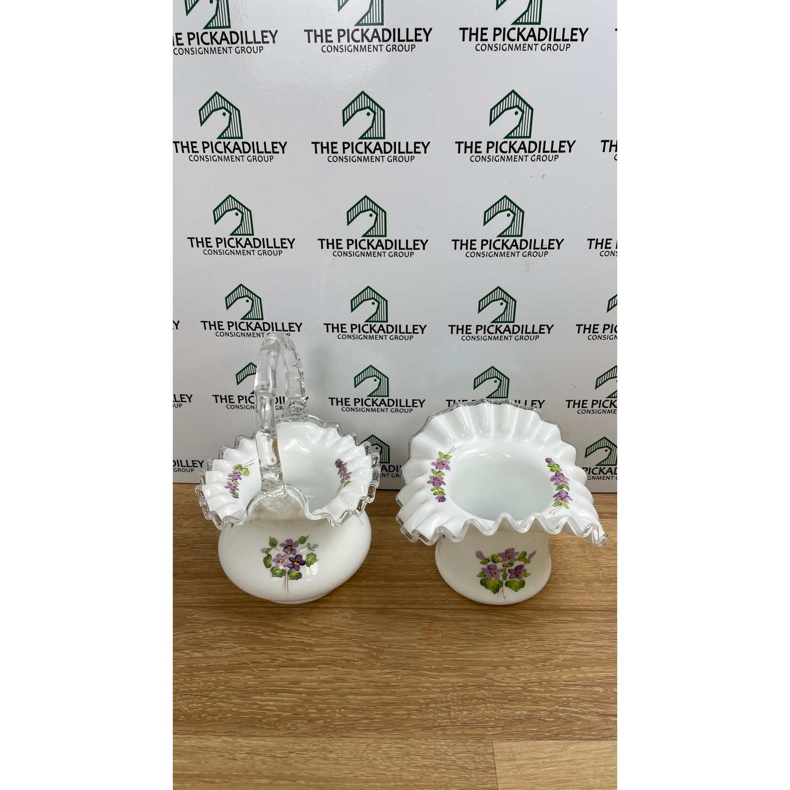 Fenton Violets in the Snow Milk Glass Basket and Ruffled Vase Set Silver Crest