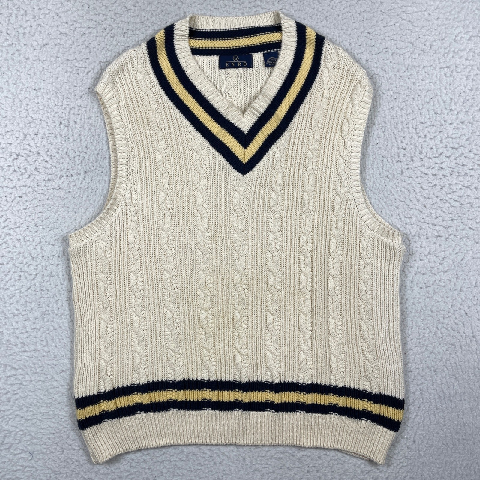 Vintage Sweater Vest Mens Large Cream Cable Knit V Neck Enro Preppy Collegiate