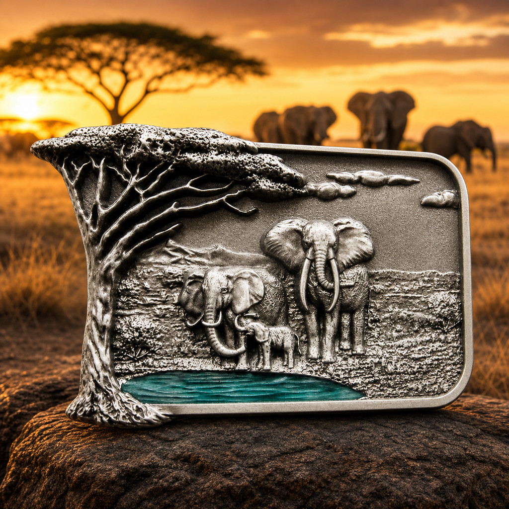 African Safari Elephant Family Tree Watering Hole Belt Buckle