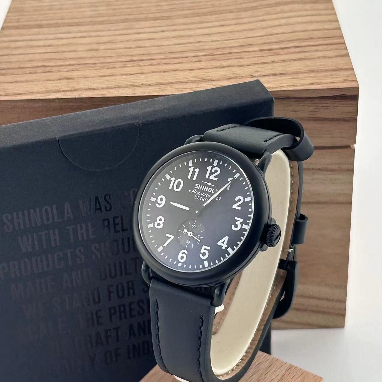 Shinola Runwell Argonite 1069 Quartz Men's Watch Black Dial Leather Strap 41mm