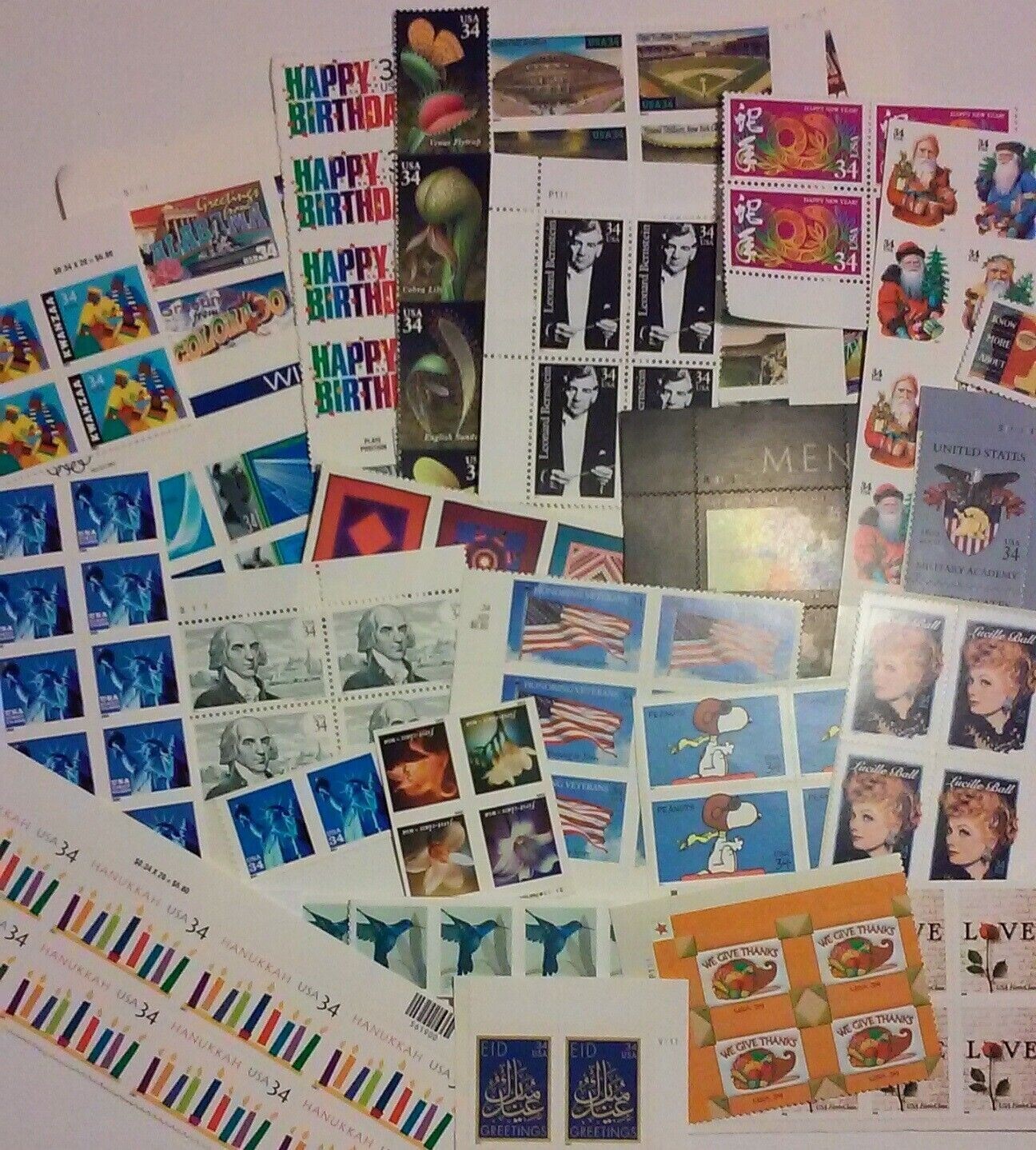 Unused 65 of Multiples & Strips & Singles of 34¢ US Postage Stamps USA FV $22.10
