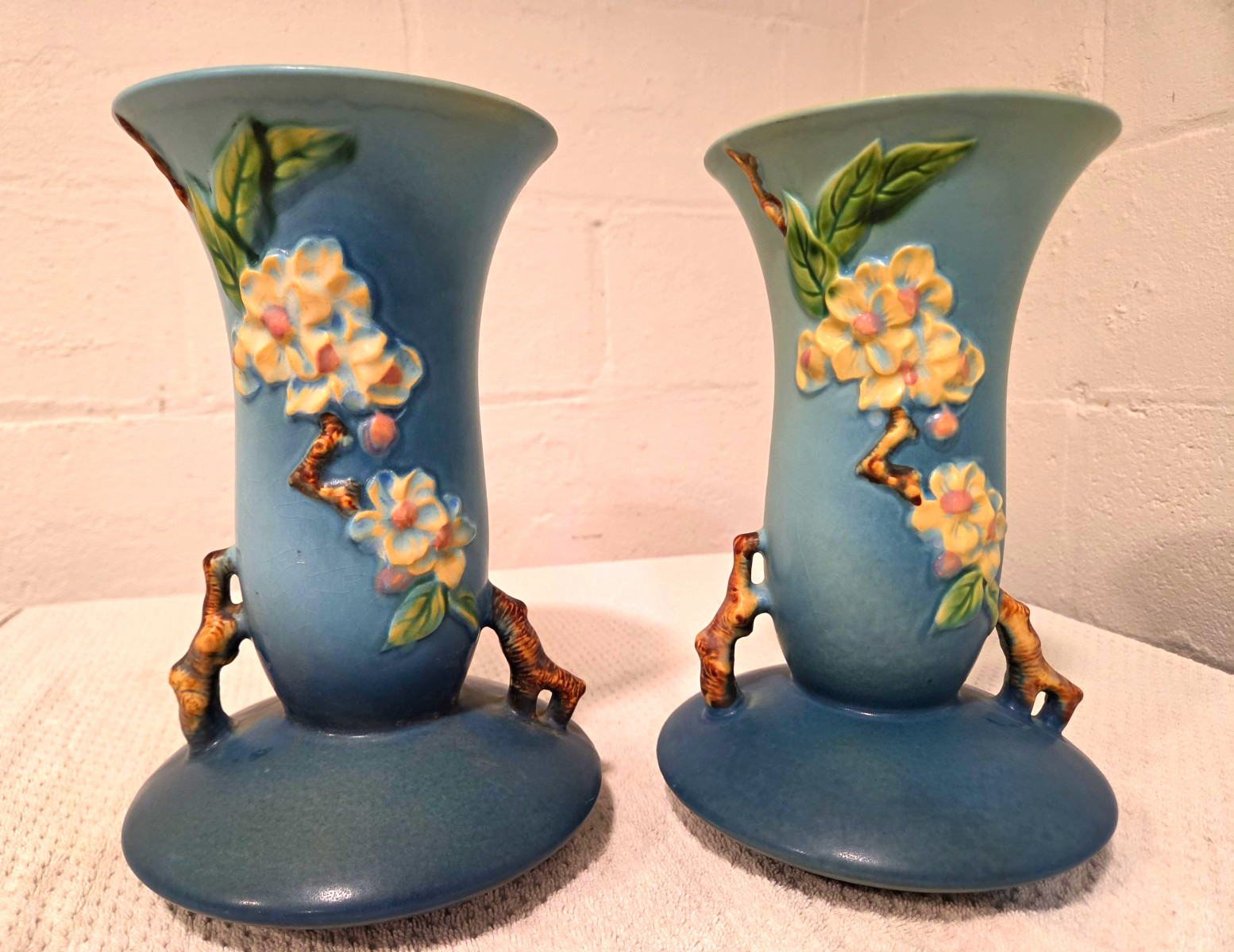 Pair of Roseville Blue Matte Hand-Painted Floral Art Pottery Vase 388-10 Signed