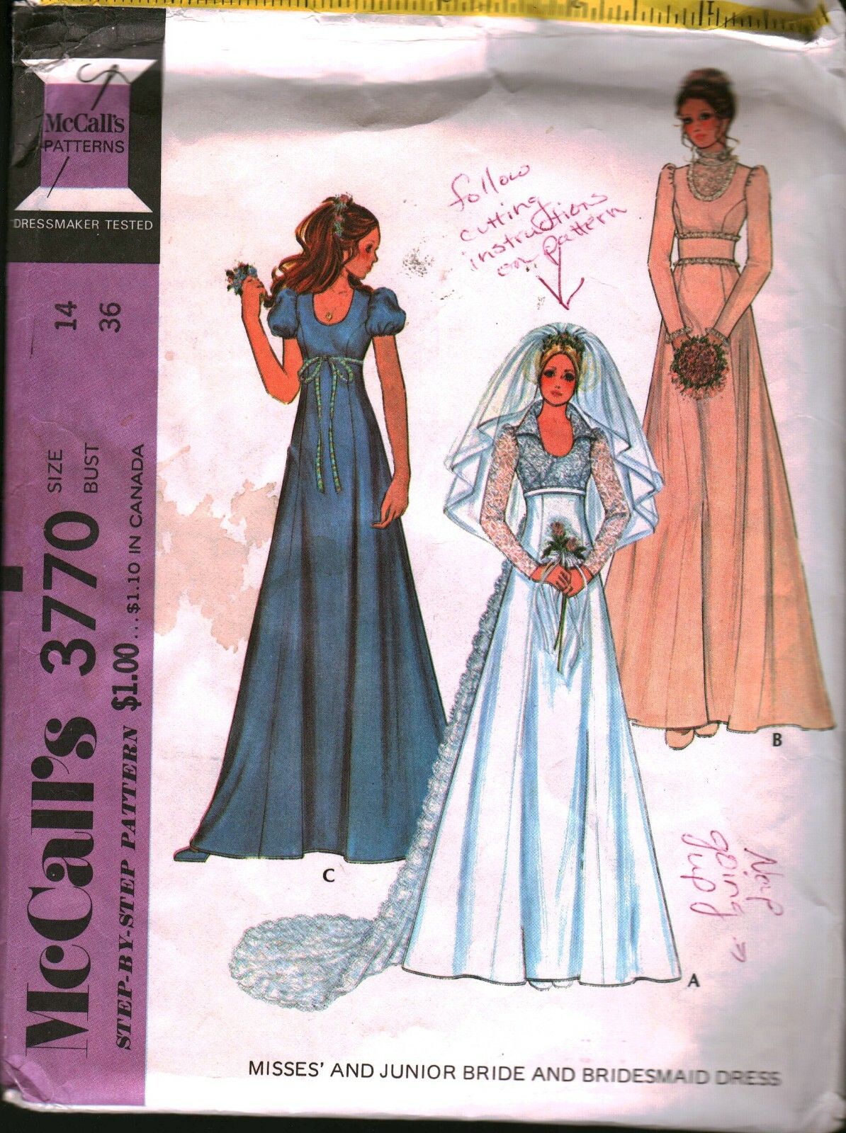 3770 Vintage McCalls SEWING Pattern Misses Bridesmaids Dress Wedding Gown OOP 12