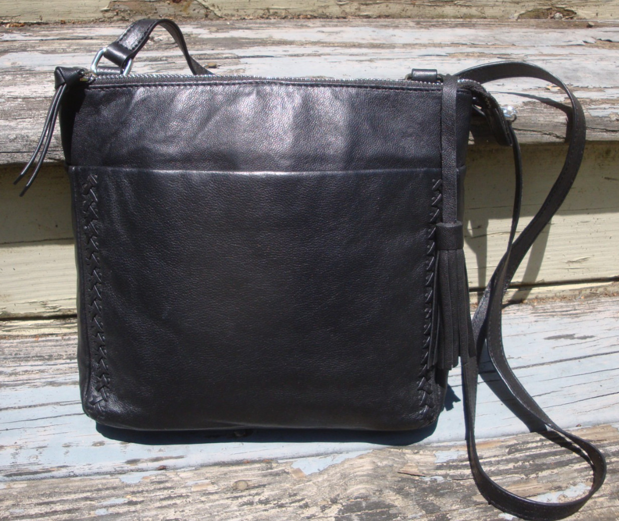 KOOBA Black Leather Crossbody Handbag Lightweight Medium Tassel Whipstitch Biker