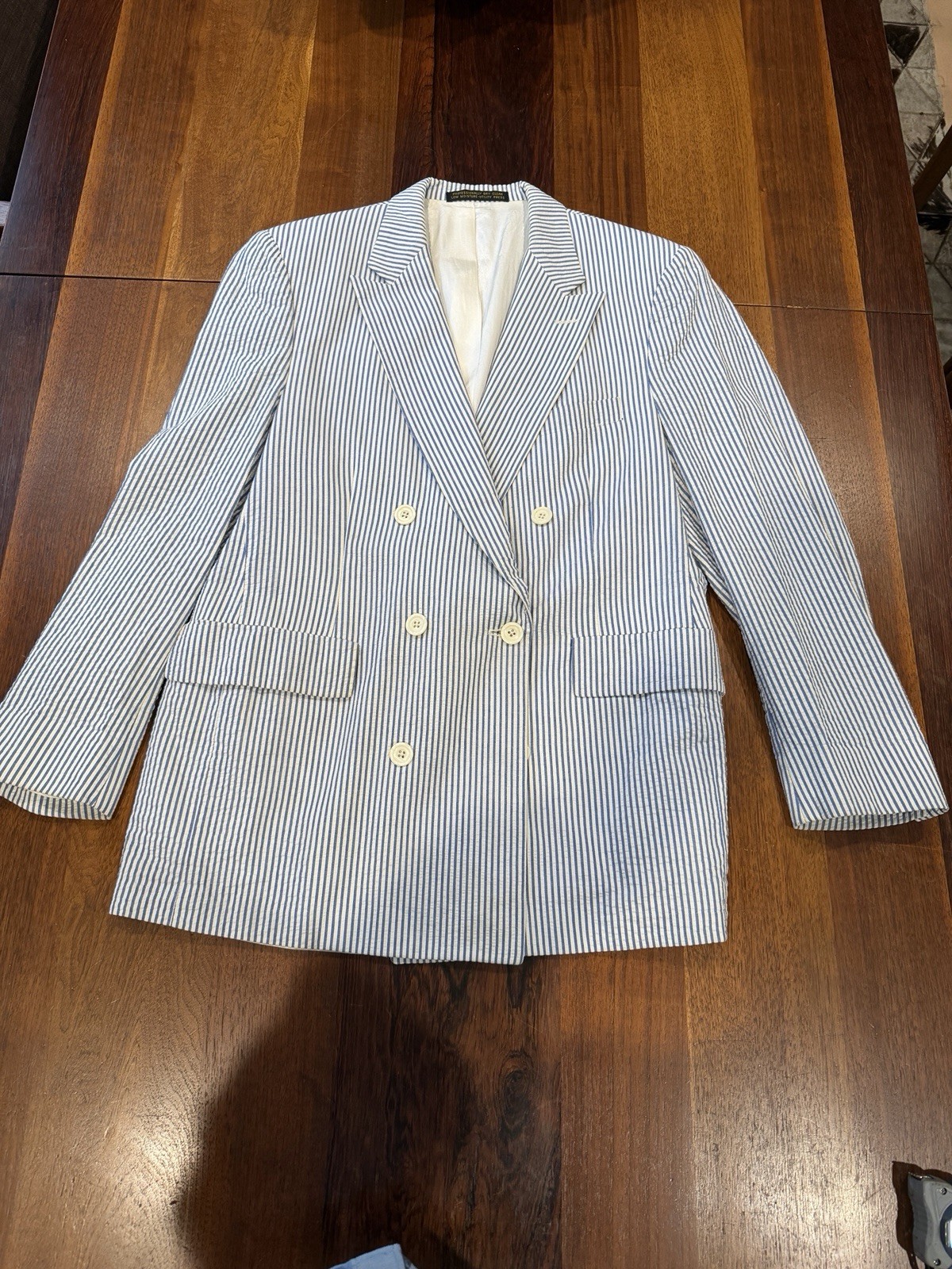 Vtg 80’s Lord & Taylor Exclusively Kensington SEERSUCKER Double Breasted Jacket