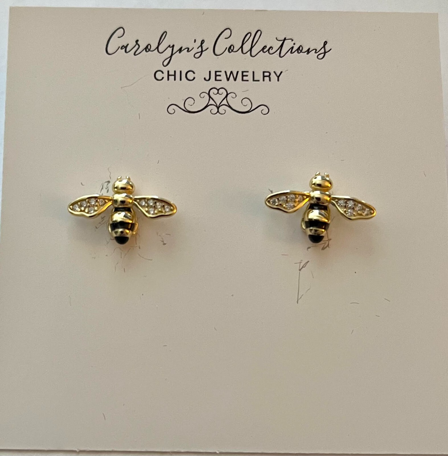 NEW NWT 14 KT GOLD PLATED CUBIC ZIRCONIA &BLACK ENAMEL BUMBLE BEE STUD EARRINGS