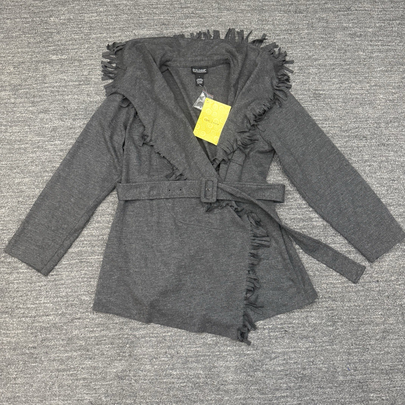 Dialogue Wool Fringe Jacket Women Large Gray Belted Shawl Western Wrap QVC NEW Dialogue Wool Fringe Jacket Women Large Gray Belted Shawl Western Wrap QVC NEW