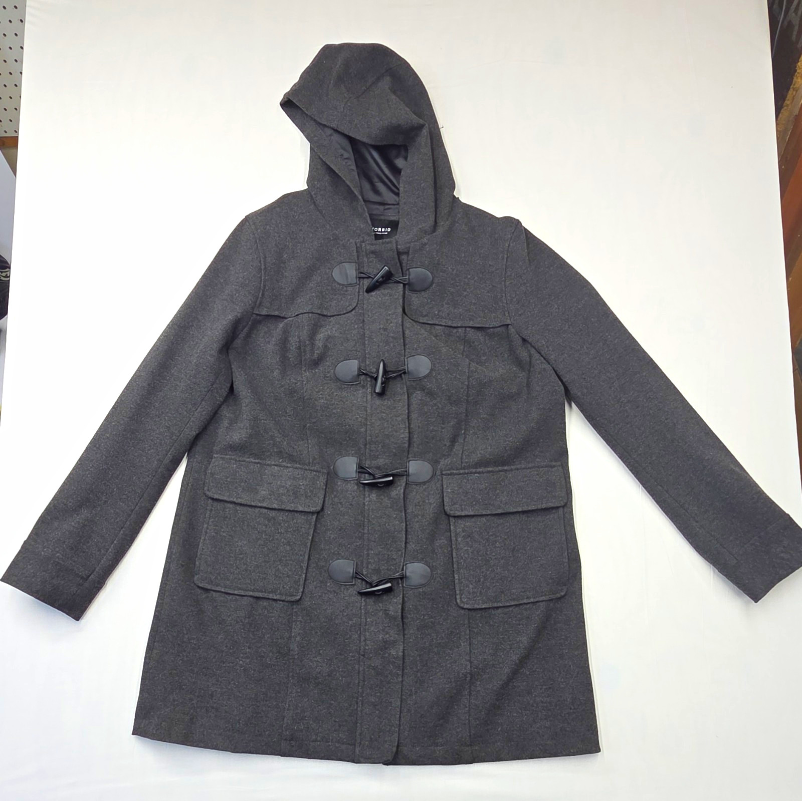 Torrid Women\'s Gray Hooded Toggle Duffle Coat Mid-Length L Pockets Lined