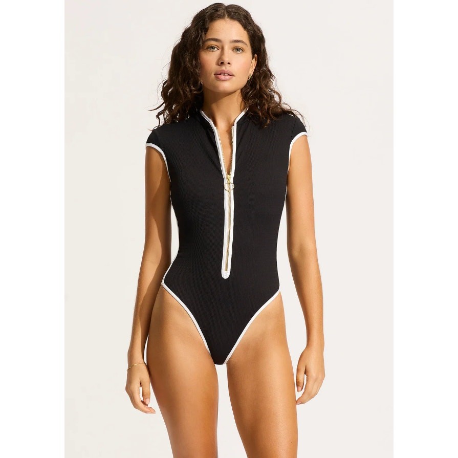 SEAFOLLY Women\'s Beach Bound One Piece Swimsuit Size 4 Black Zip Cap Sleeve NWT