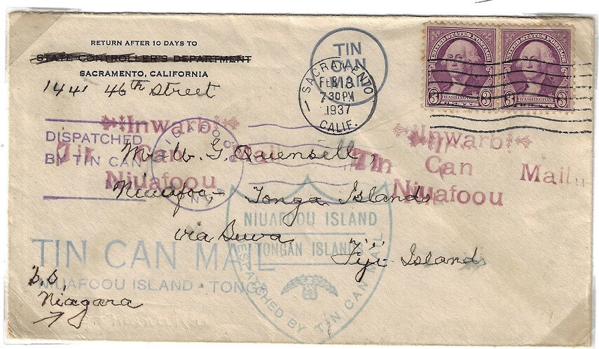 Usa: 1937; rare- really cover california to Fiji and Tonga, TIN CAN MAIL EBNc073
