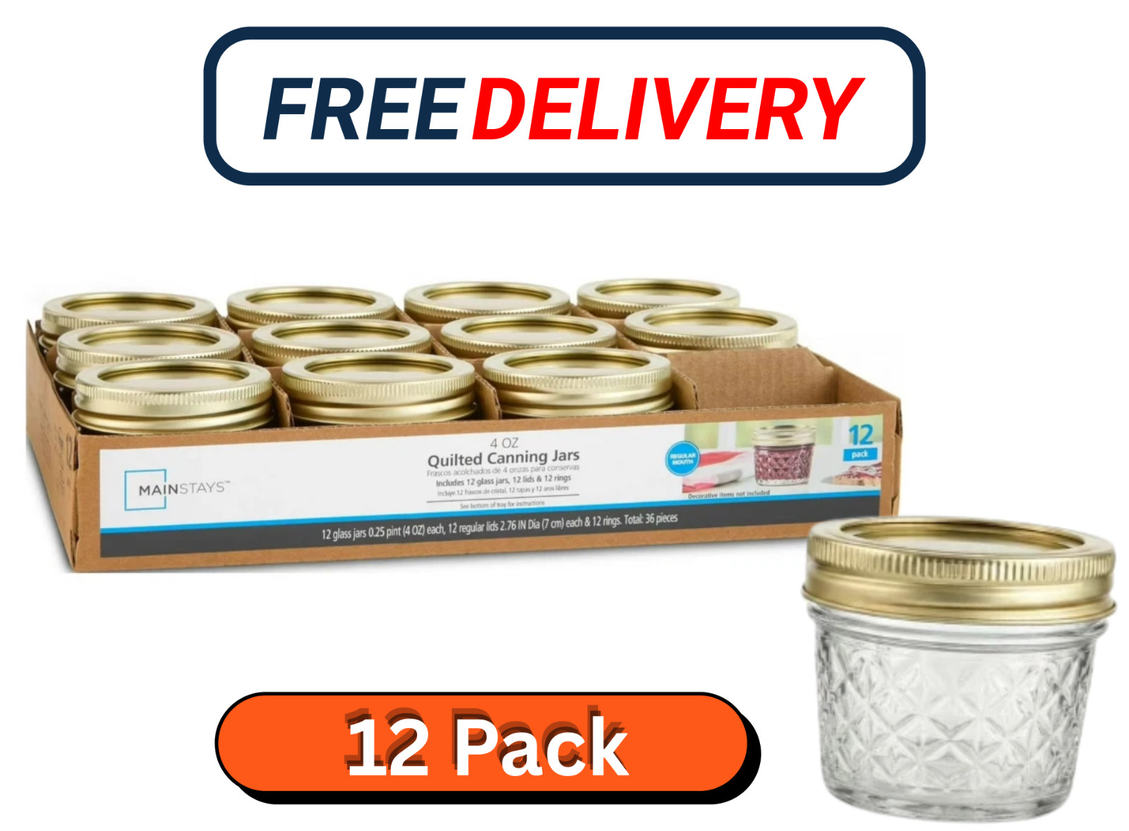 Mainstays 4 oz Quilted Mason Jars Regular Mouth 12 Pack with Lids & Rings.