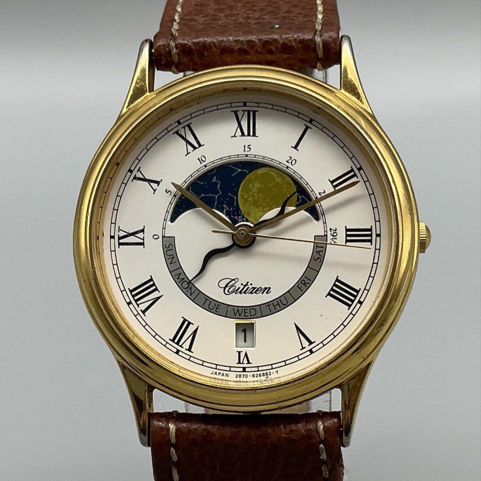 Vintage Citizen 2870-268393 Mens Watch 33mm Moonphase Leather New Battery