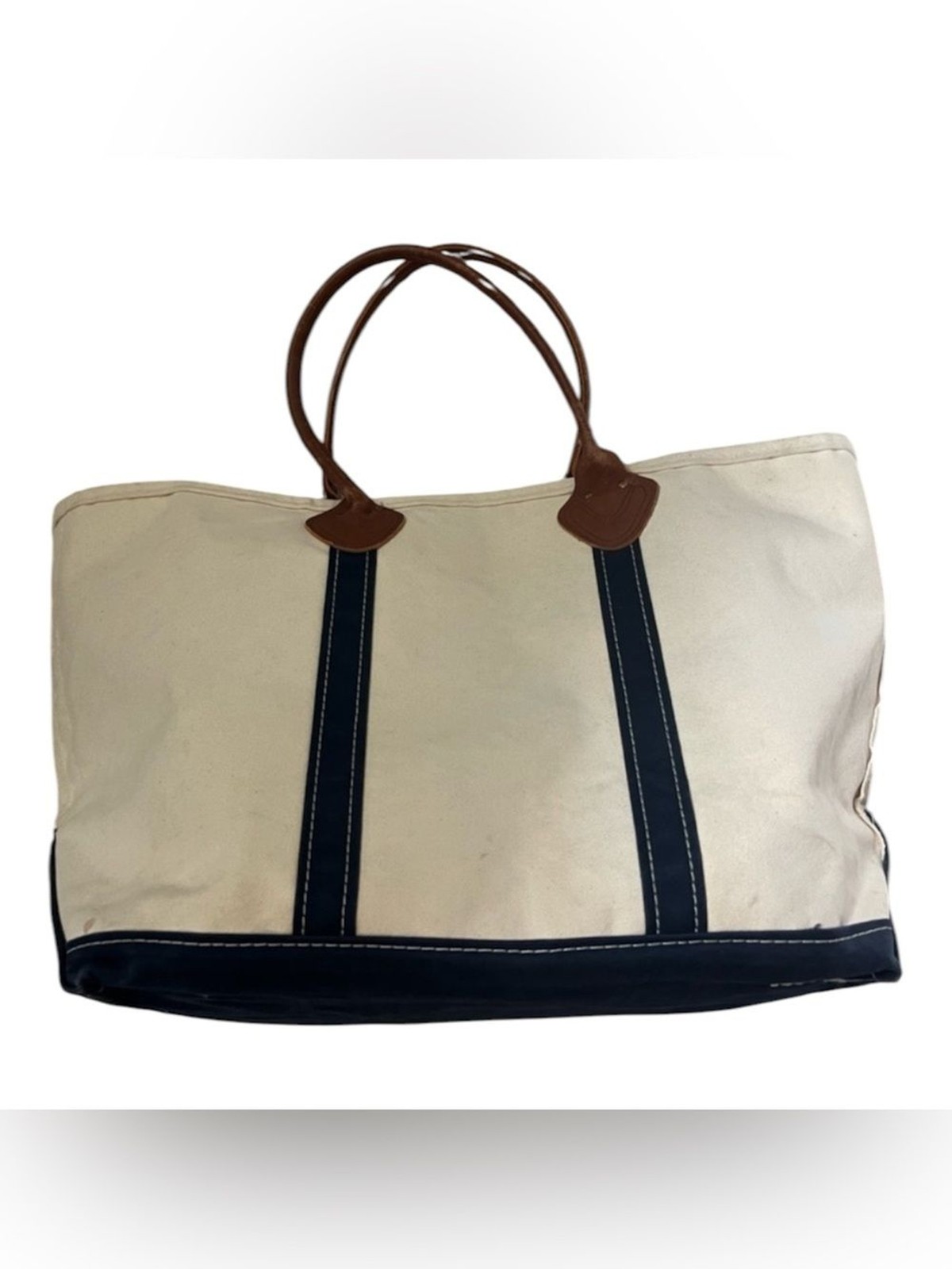 Vintage L.L. Bean Canvas Boat and Tote Leather Handles Navy Trim