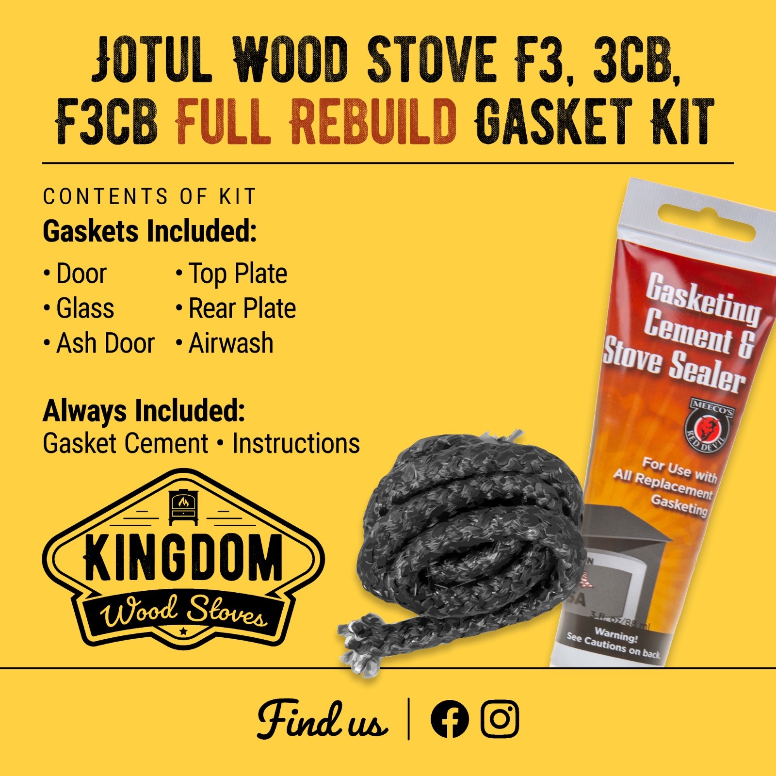 Jotul F3, 3CB, F3CB Full Rebuild Gasket Kit W/Cement *FREE Shipping*