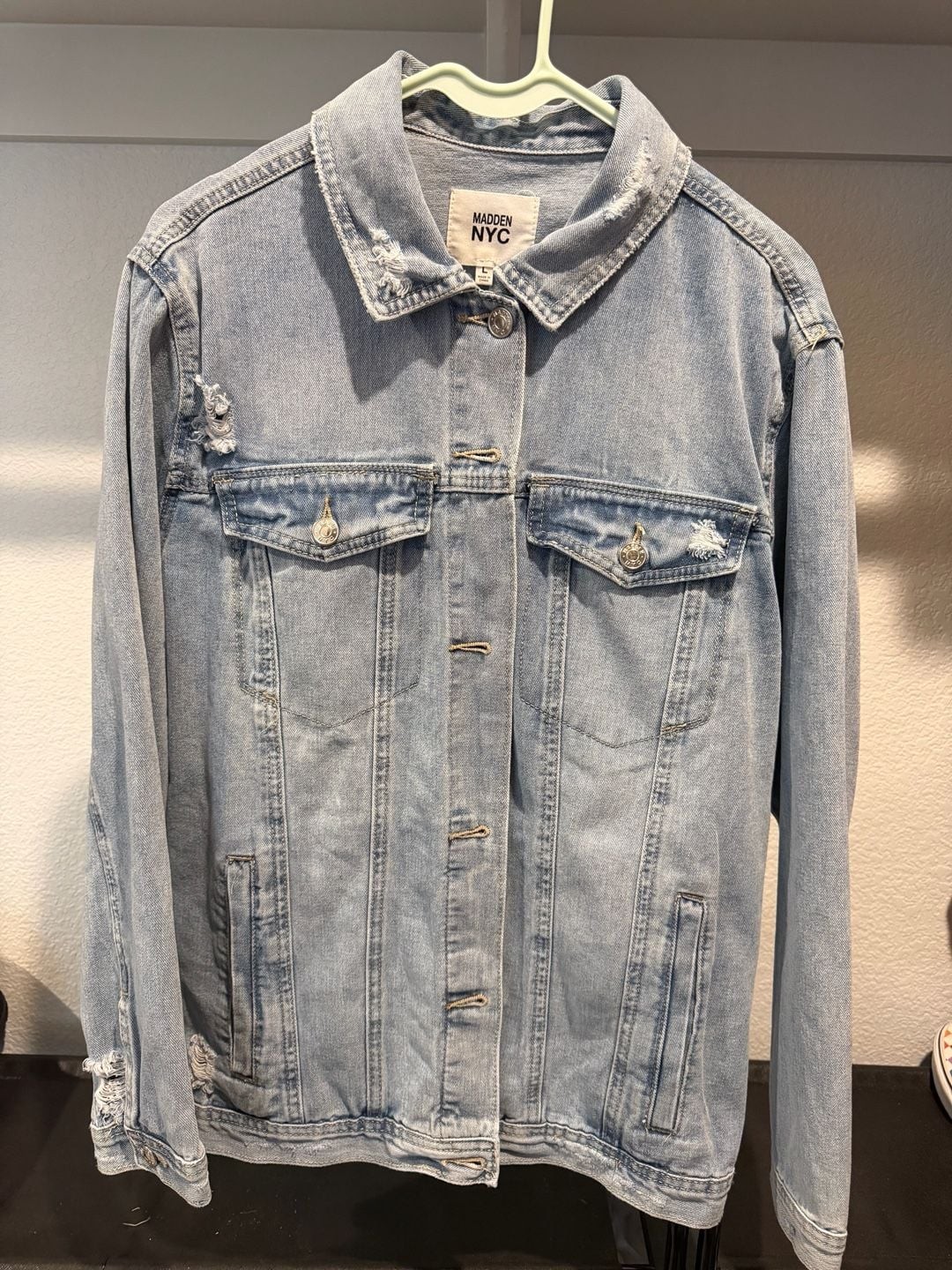 Madden NYC Denim Jacket Size L Light Wash Distressed NWT