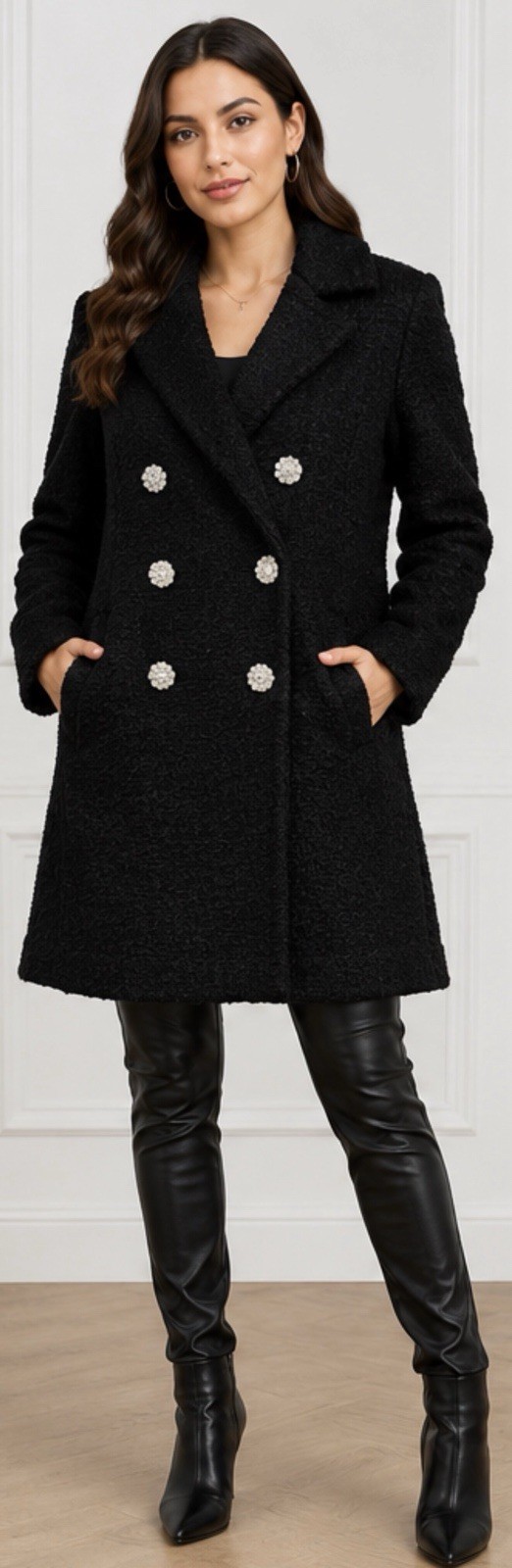 NWT M x Milly Black Boucle Coat Rhinestone Buttons Double Breasted $200