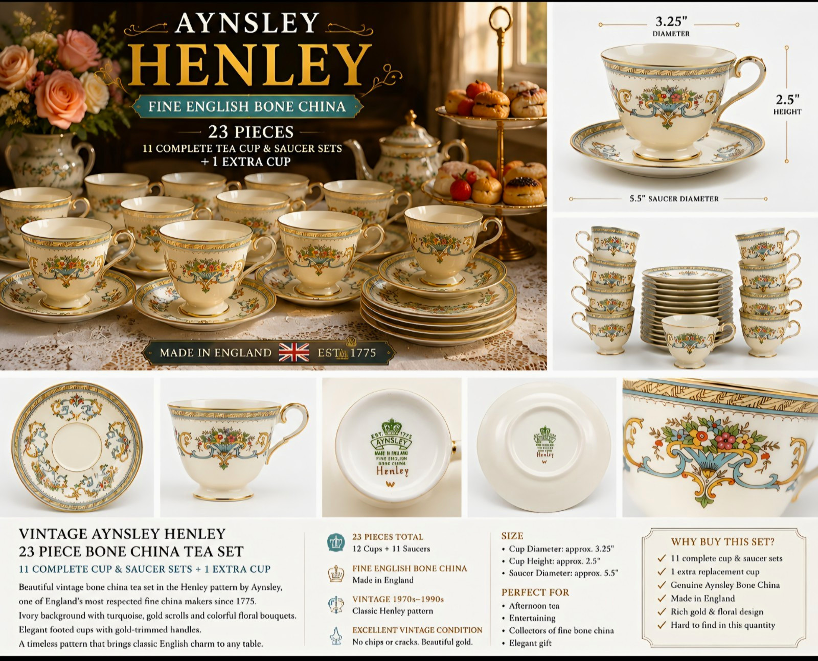 Vintage Aynsley Henley 23 Pc Bone China Tea Set 12 Cups 11 Saucers England