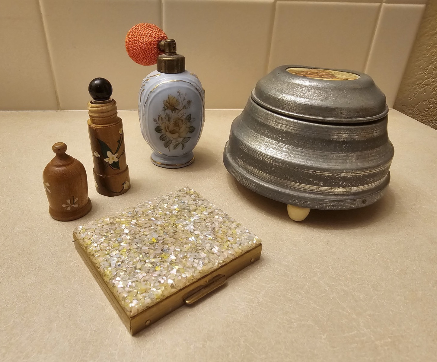 Lot of Vintage Vanity Items- Perfume Atomizer, Musical Powder Tin, and more