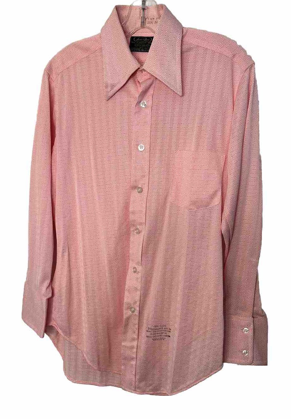 Vtg 70s Sears disco shirt 15.5 32 Pink Dagger Collar Button Up Sears MCM Print