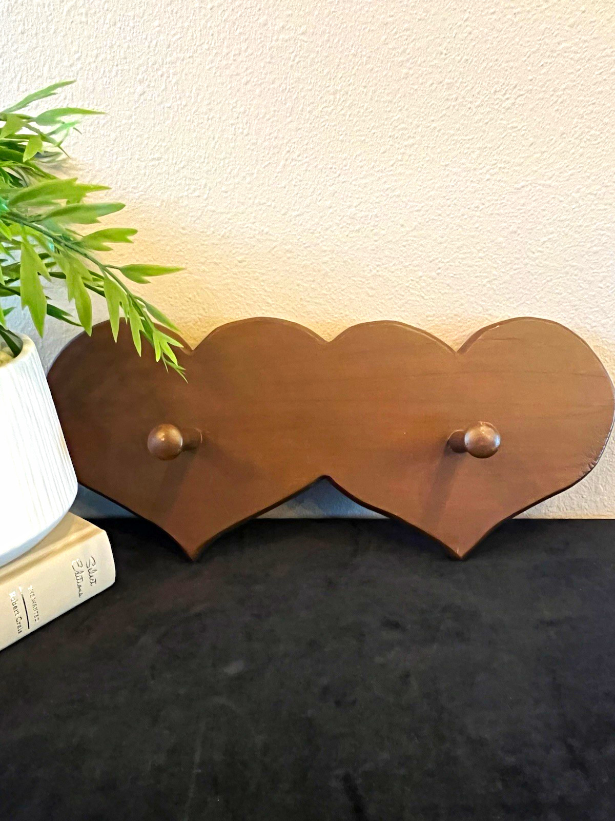 Vintage Wood Double Heart Peg Rack Wall Hanger Cottagecore Granny Chic Decor