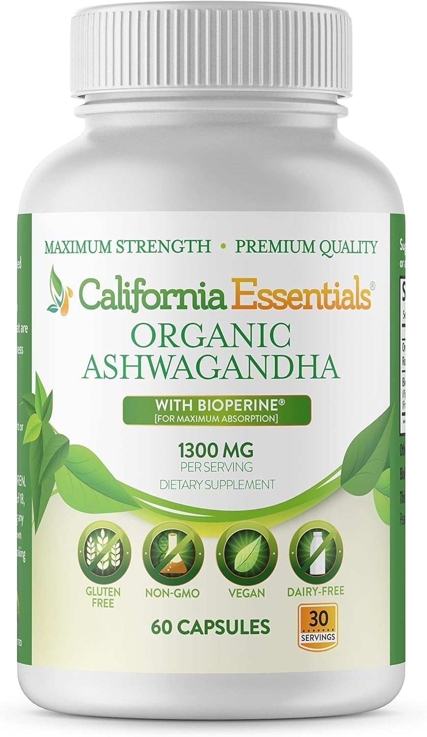 Organic Ashwagandha Root 1300mg with BioPerine Vegan Non-GMO Stress Support