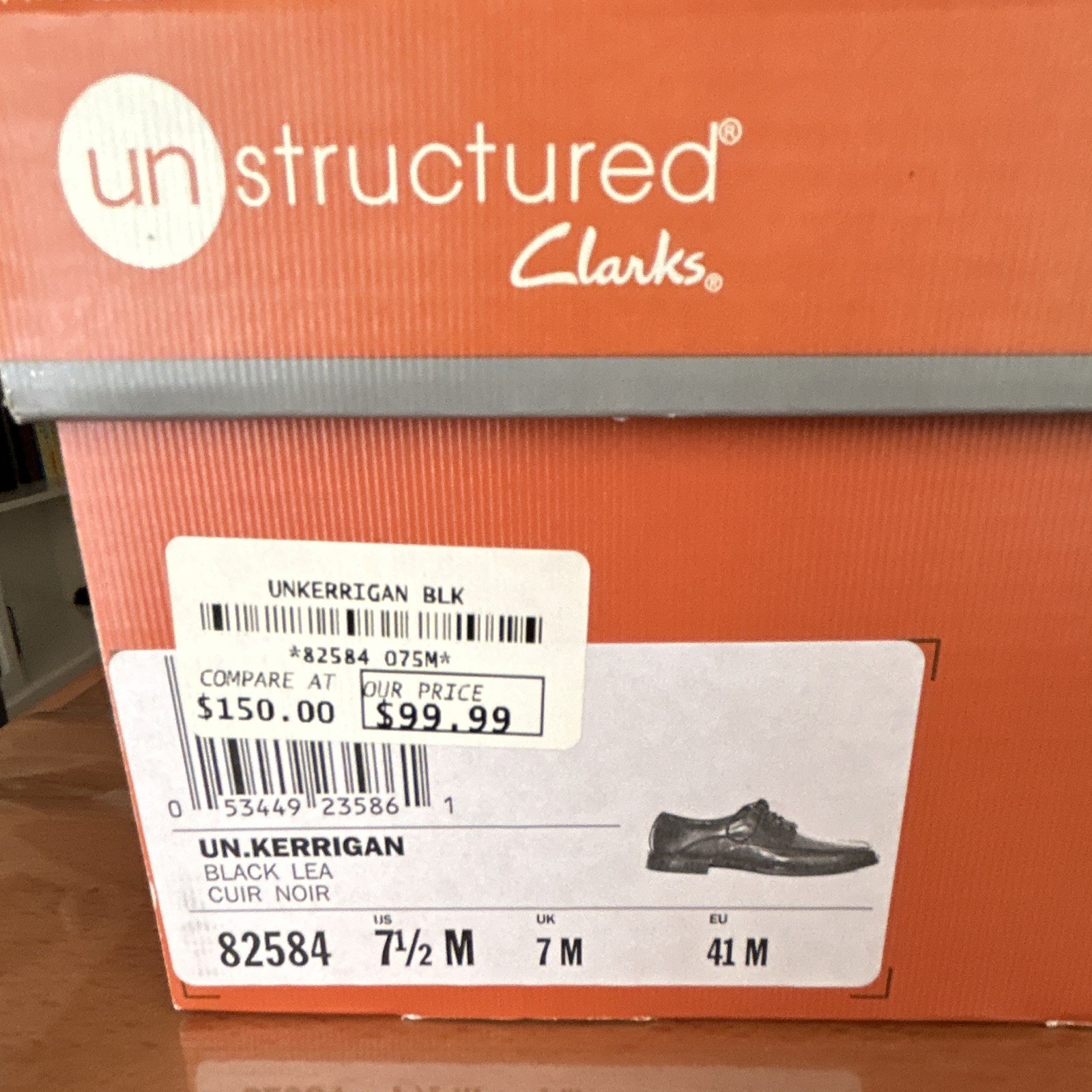 NIB Clarks Unstructured Un.Kerrigan Black Leather Oxford 7.5M 82584