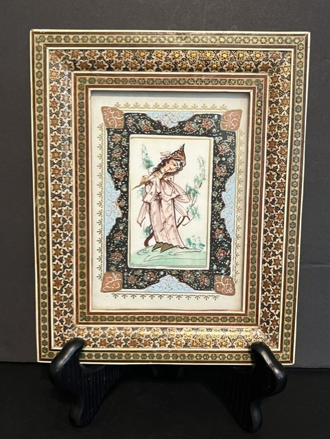 Vintage Persian Miniature Painting on Bone Khatam Kari Frame Art Signed Afshar
