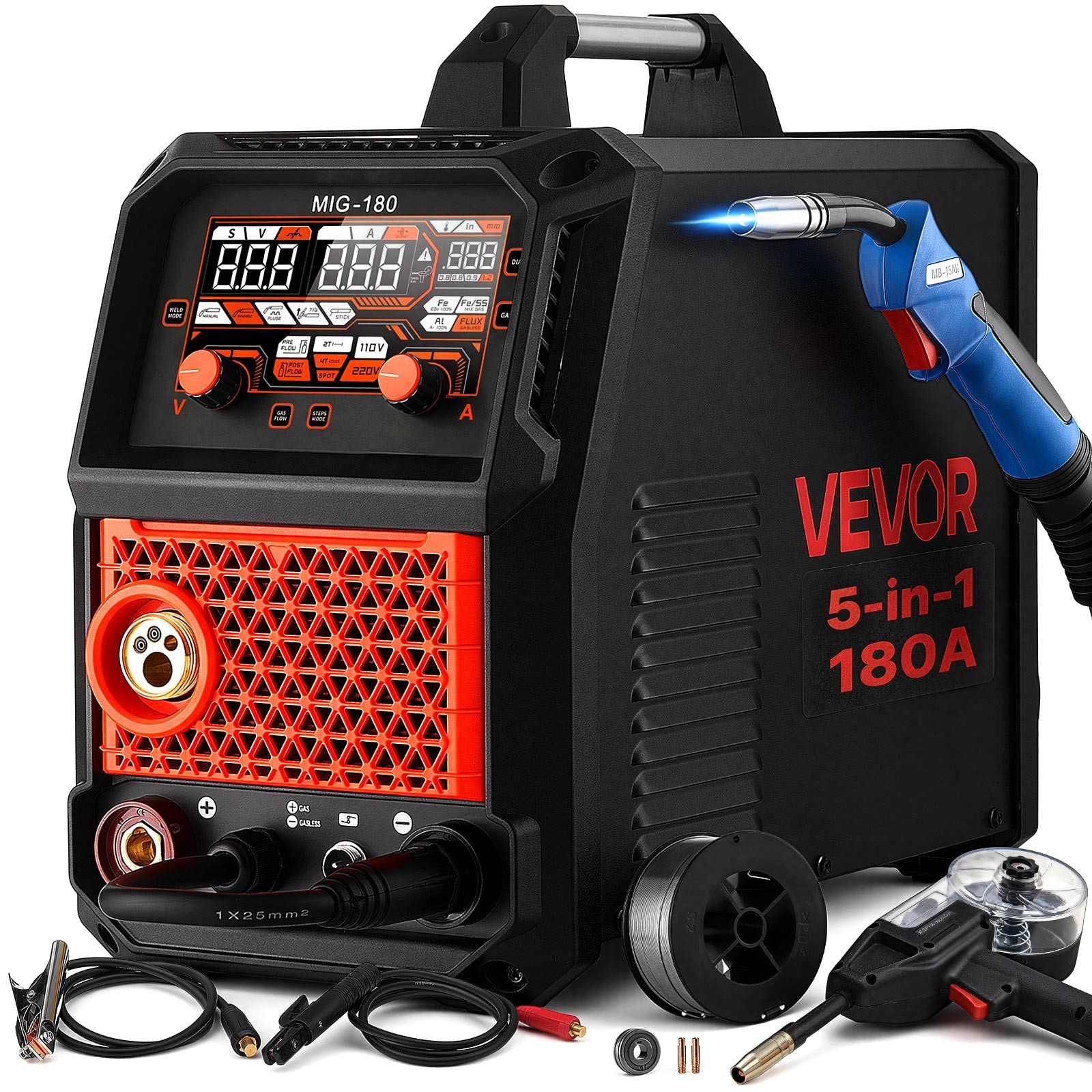 VEVOR 180Amps MIG Welder, 5-in-1 Multi-Functional Synergic Welding Machine