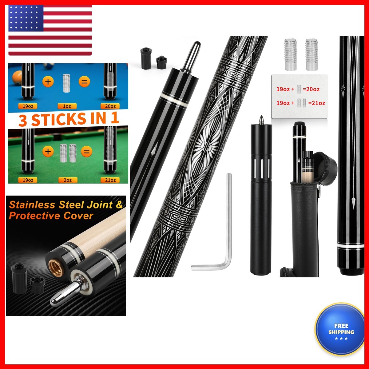 IIQ Pool Cue 2 Piece 19-21oz 58 inch Canadian Maple Wood Billiard Stick IIQ Pool Cue 2 Piece 19-21oz 58 inch Canadian Maple Wood Billiard Stick