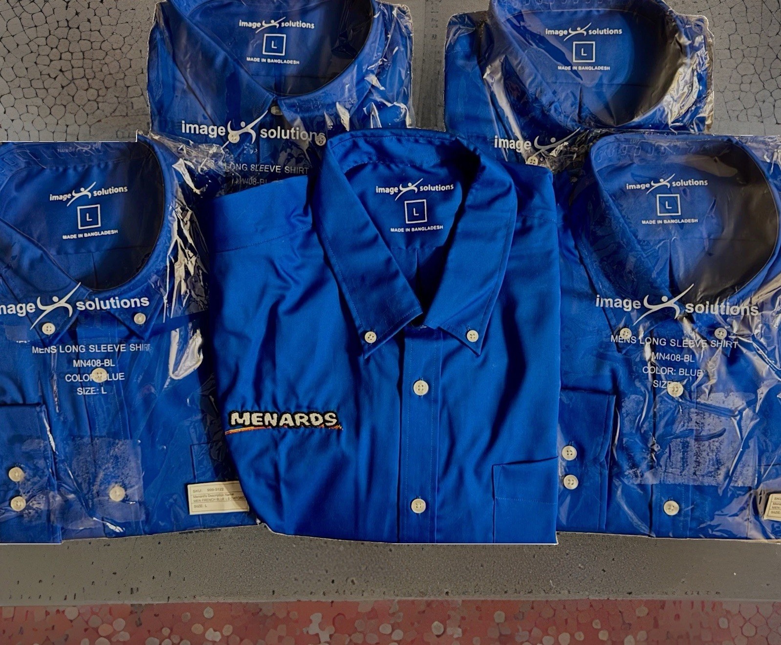 Lot of Five (5) NEW Menard\'s: Men\'s Large (L) Blue Long-Sleeved Employee Shirts