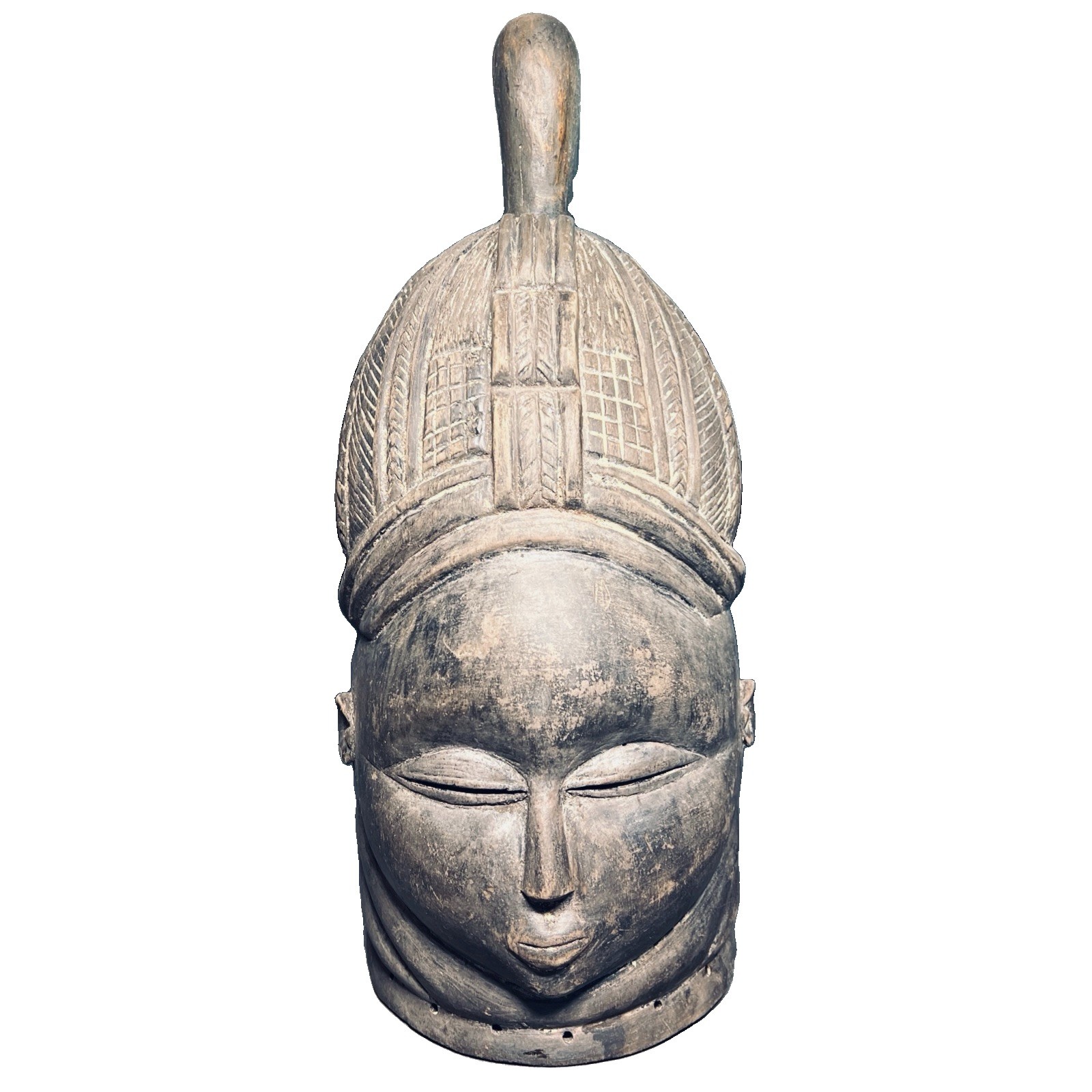 Vintage Mende Bundu Mask Sowei Helmet Handmade Carved Wood Africa Tribe 18” Tall