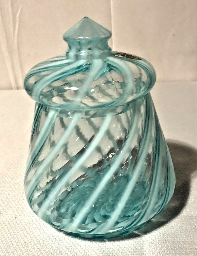 Vintage Fenton Spiral Optic Blue Opalescent Glass Covered Candy Dish/Jar