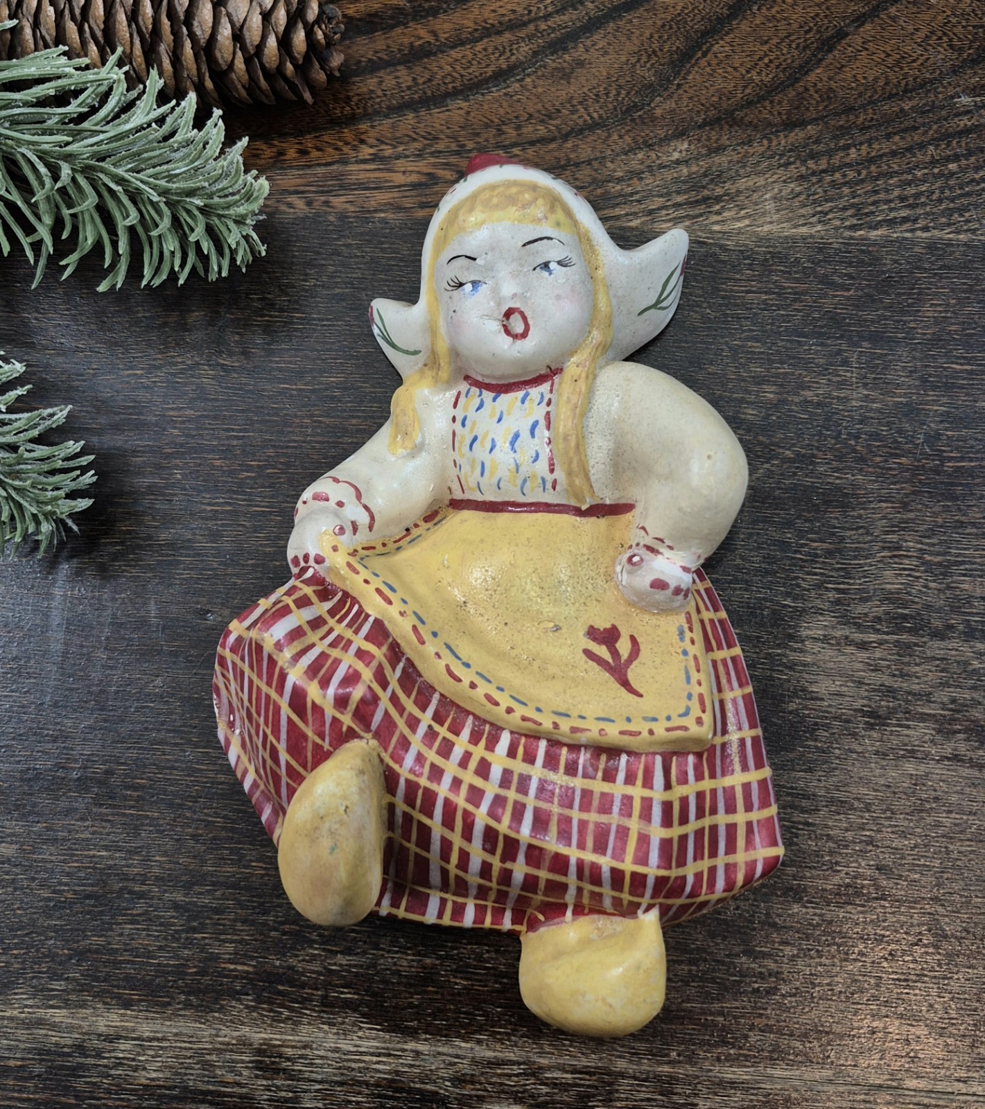 Vintage Chalkware Dutch Girl Wall Plaque 1930s Folk Art Decor, Kitschy Nostalgia