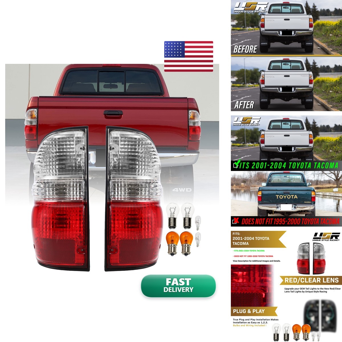 USR DEPO 01-04 Tacoma Tail Lights JDM Red/Clear Lens Left+Right 2001-2004 Toyota