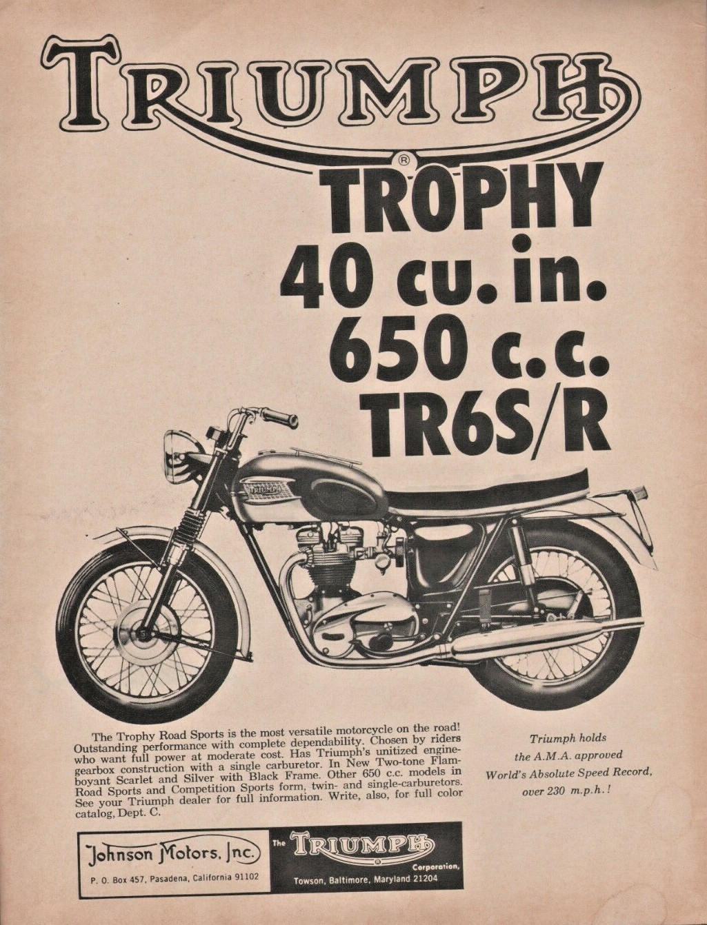 1964 Triumph Trophy Road Sports TR6S/R - Vintage Motorcycle Ad