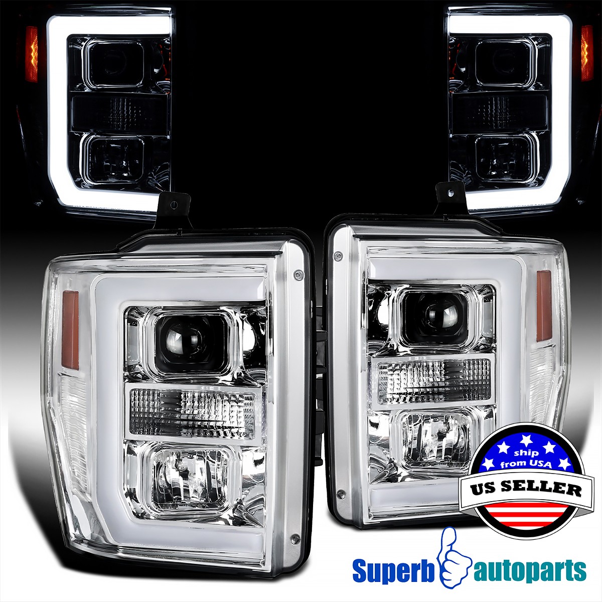 Fits 2008-2010 Ford F250 F350 F450 F550 Super Duty Projector Headlights LED Bar