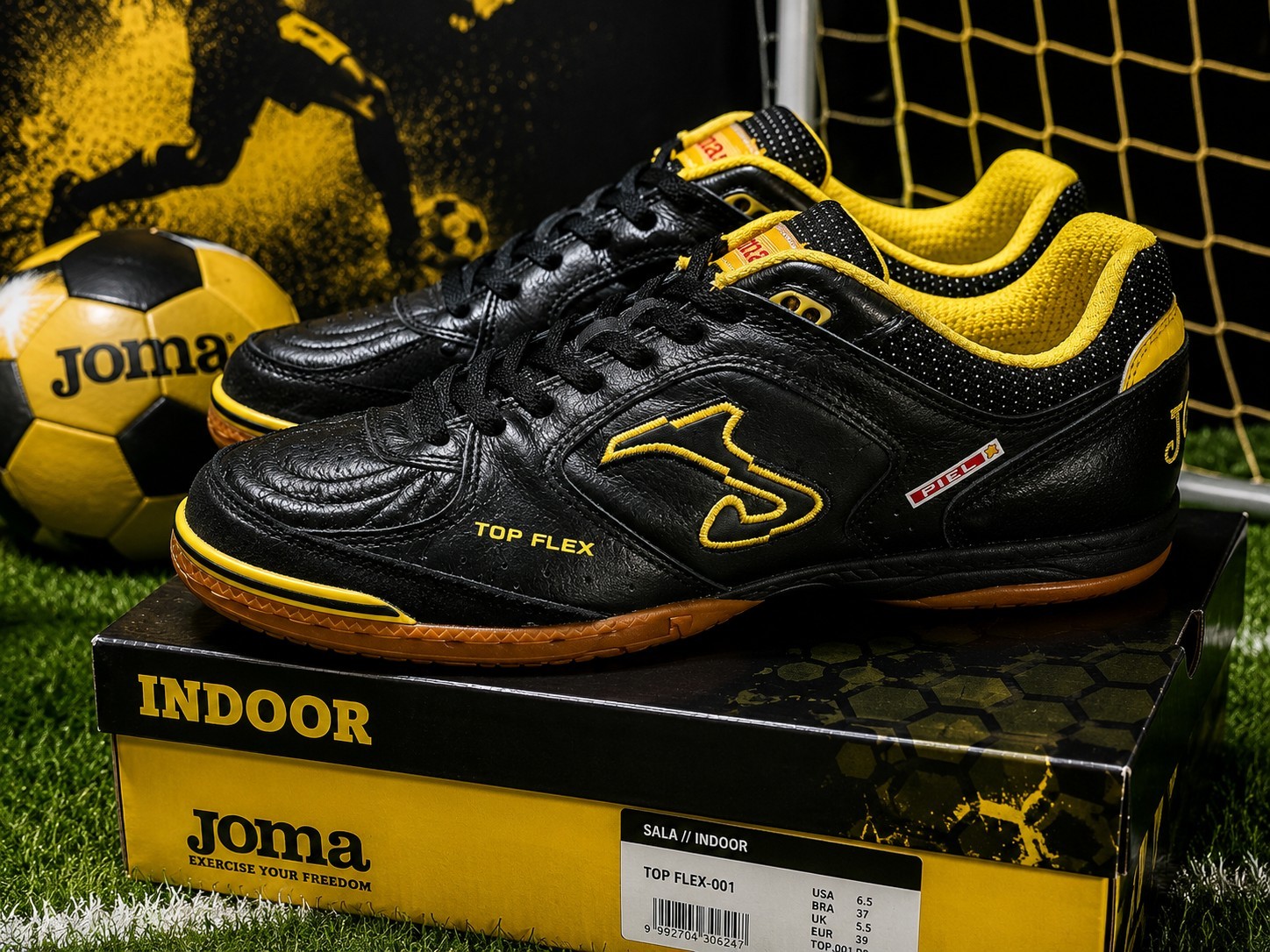 Joma Top Flex 001 Indoor Soccer Shoes Black Yellow Leather Mens US 6.5 EU 39