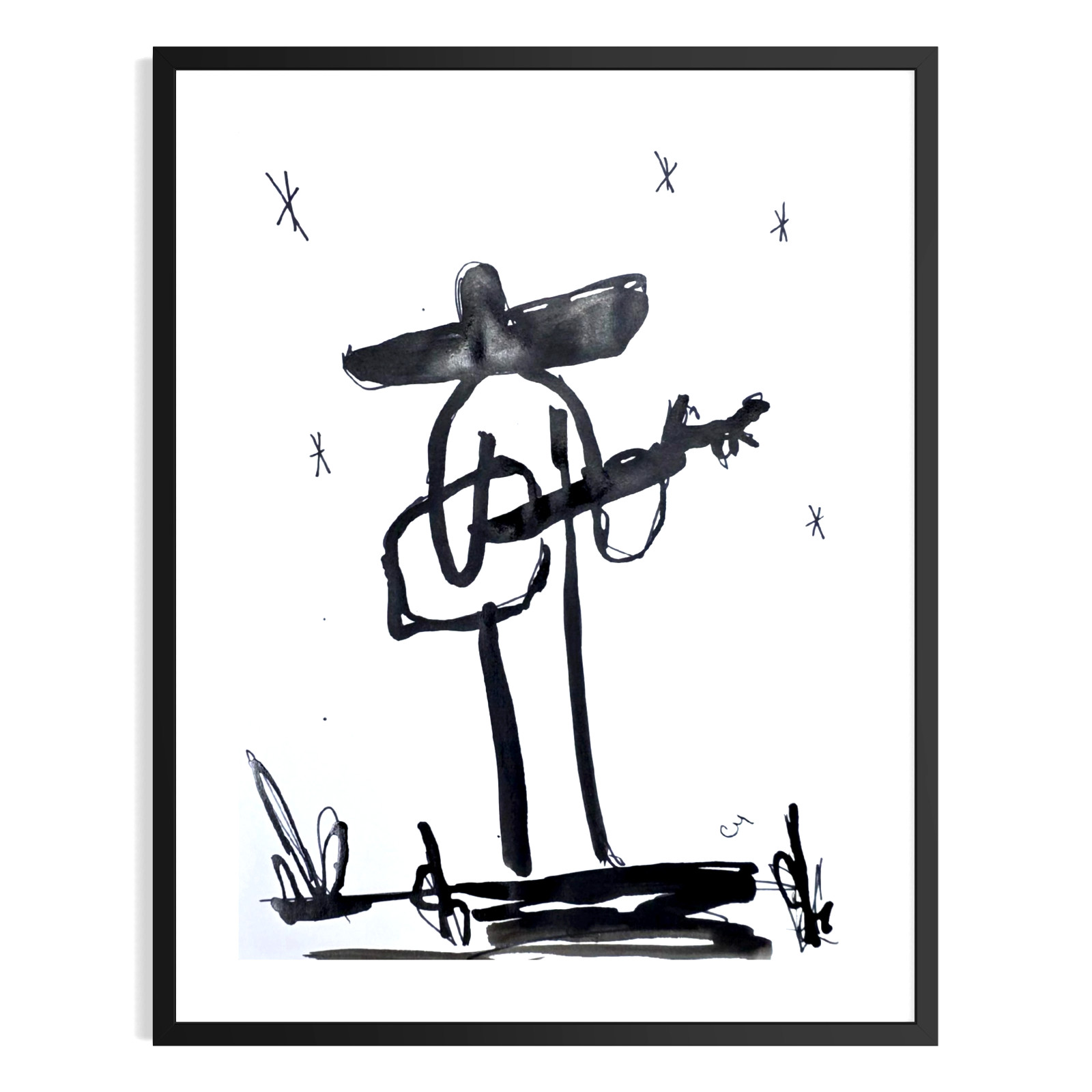 Original Abstract Cowboy 9x12 Acrylic Painting Black White Signed Wall Art