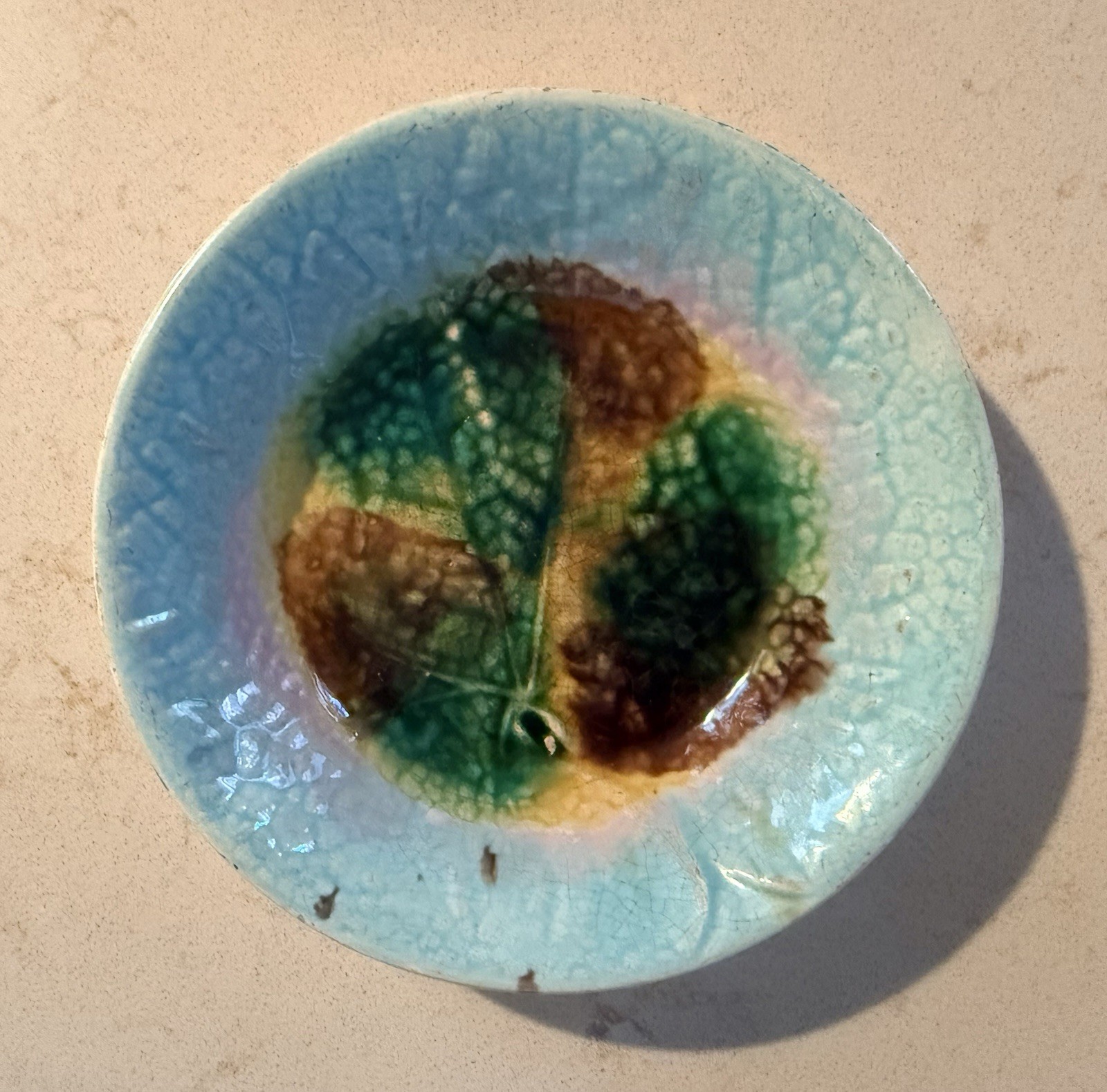 Antique Majolica Small Bowl 5.75” Begonia Leaf in Center Pale Blue Background