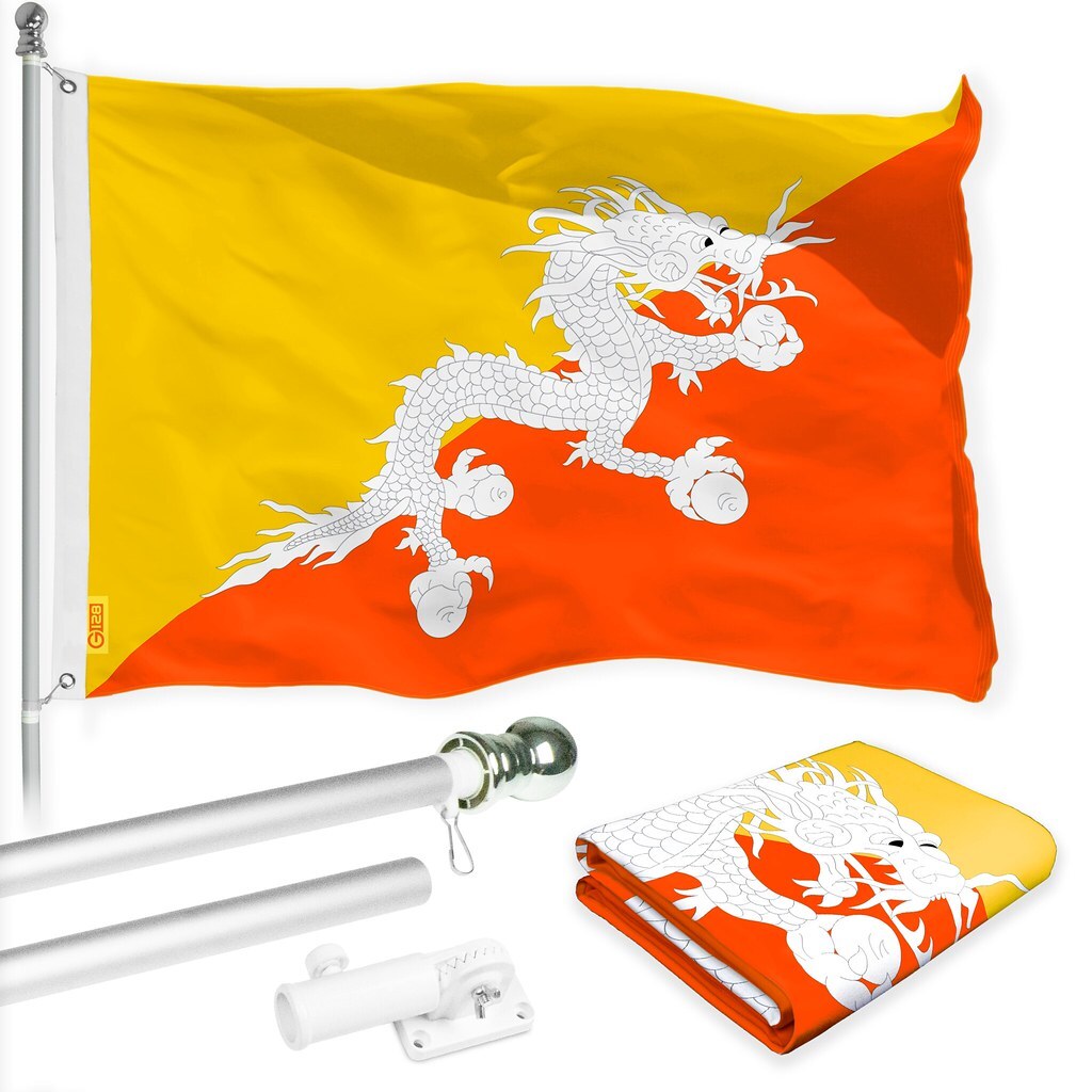 G128 Combo Pack: 6 Ft Flagpole Silver & Bhutan Flag 3x5 Ft Printed 150D Poly