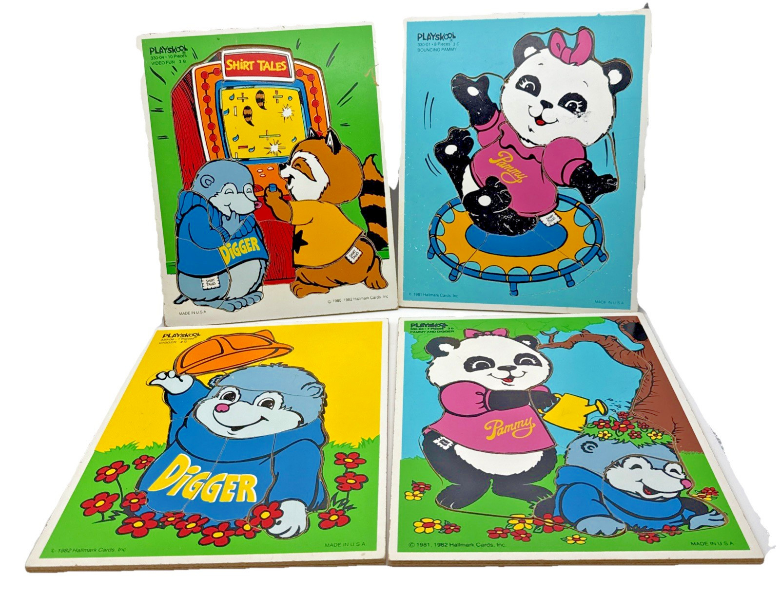Lot of 4 VTG 1980’s Shirt Tales Playskool Wood Puzzles Pammy Panda & Digger-USED